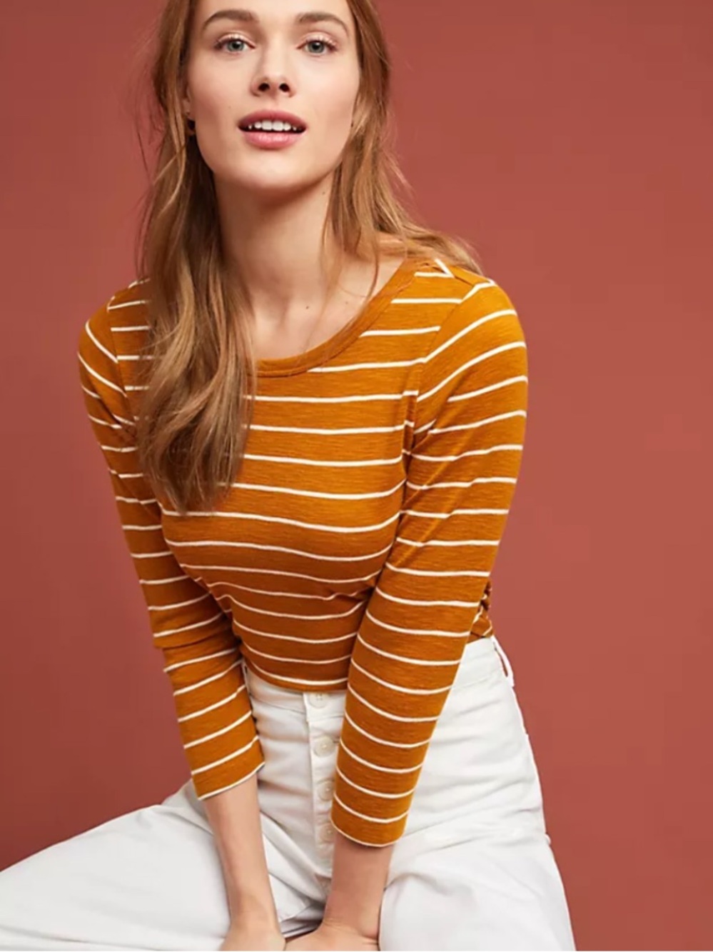 Anthropologie Helm Striped Burnt Orange Long-Sleeve Tee Pima Cotton Modal Blend